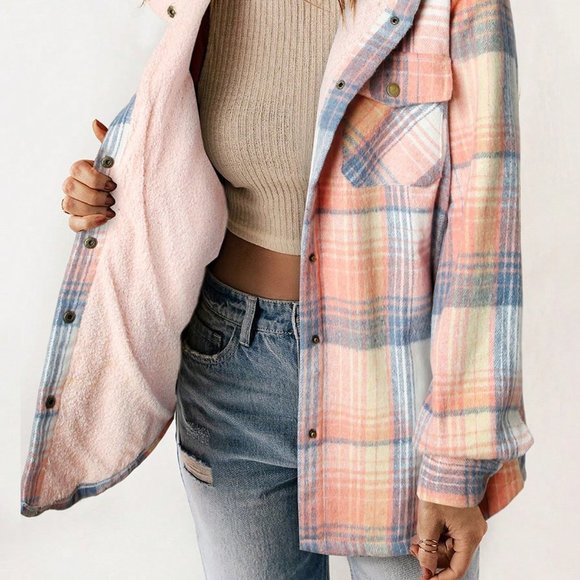 Pink Casual Womens Plaid Print Teddy Lined Hooded Coat - Picture 4 of 6